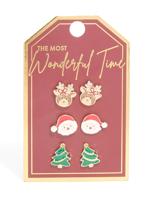 Santa Reindeer & Festive Tree Clip On Earrings 3-Pack