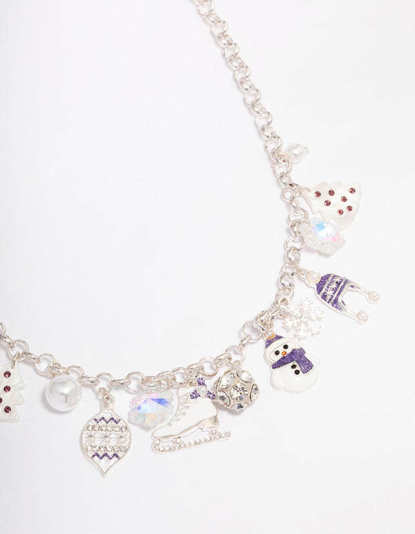 Silver Ice Skate & Purple Winter Mittens Charm Bracelet