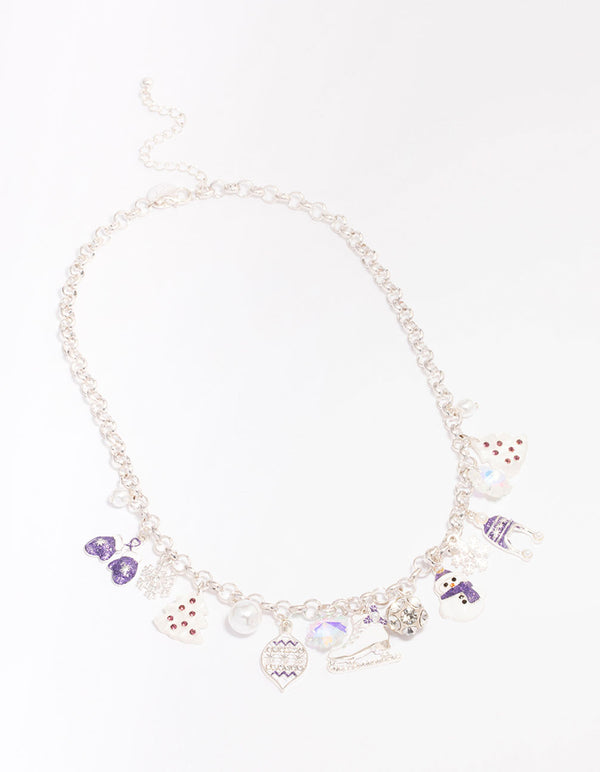 Silver Ice Skate & Purple Winter Mittens Charm Bracelet