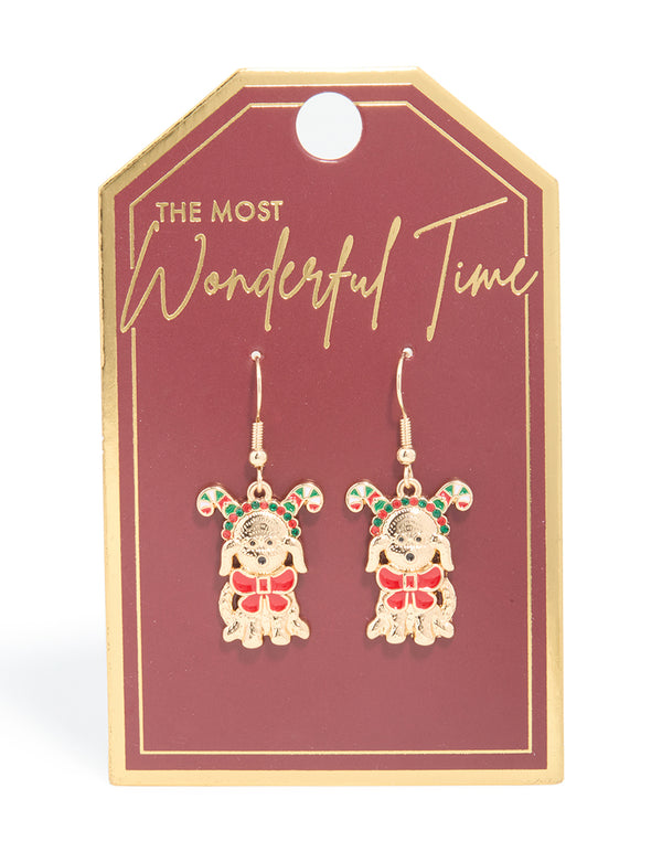 Gold Cute Festive Dog Bow Collar Drop Earrings
