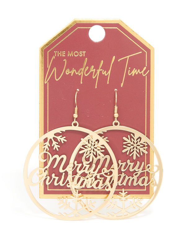 Gold Merry Christmas Hoop Earrings