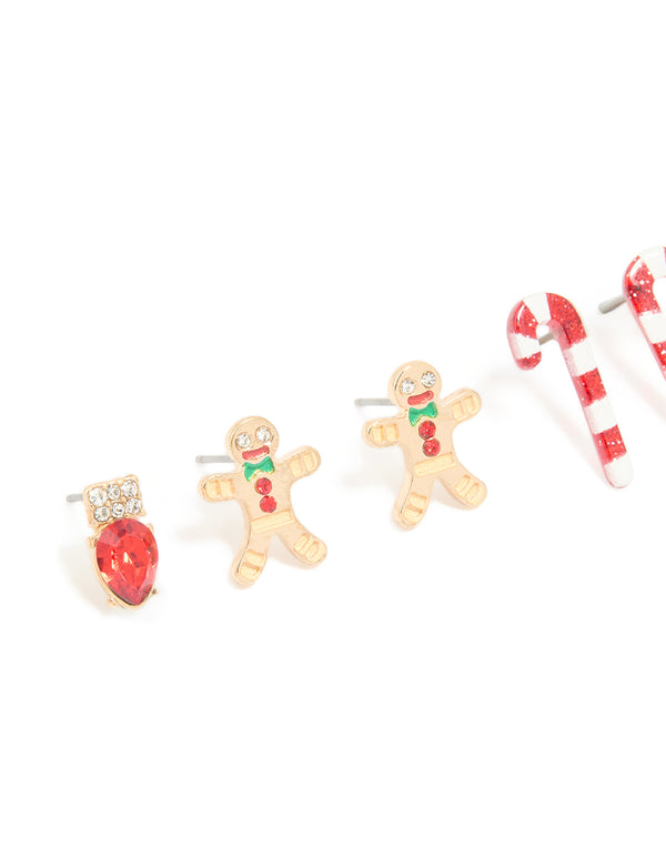 Gold Diamante Festive Light & Candy Cane Earrings 3-Pack