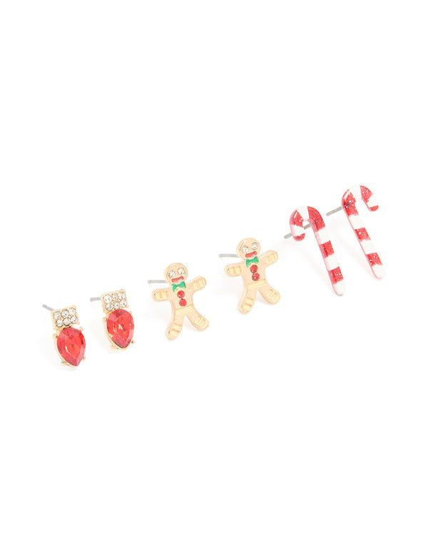 Gold Diamante Festive Light & Candy Cane Earrings 3-Pack