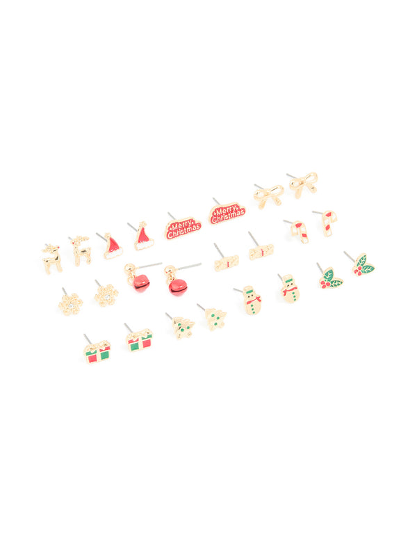 Gold Stamped Bow & Reindeer Earrings 12-Pack