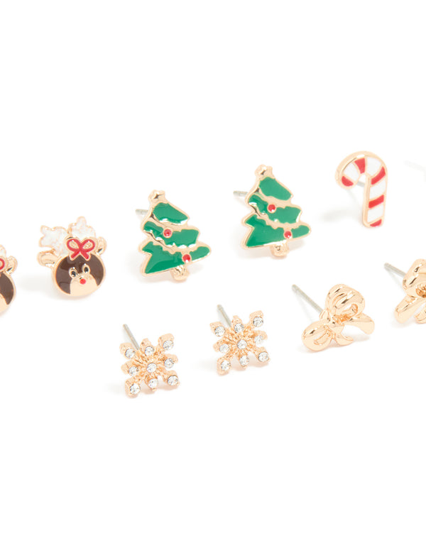 Gold Cute Reindeer & Snowflake Earrings 5-Pack
