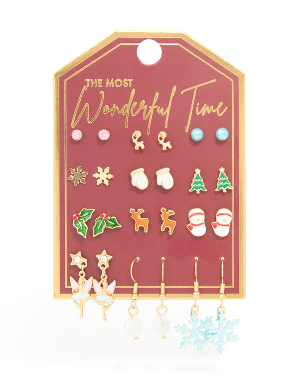 Gold Snowflake & Snowman Earrings 12-Pack