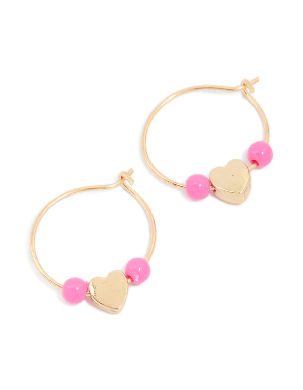 Gold Pink Beaded & Heart Hoop Earrings