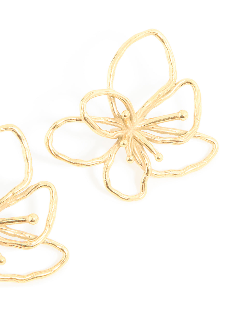 Crafted from waterproof gold plated stainless steel flower outline stud earrings post detail view