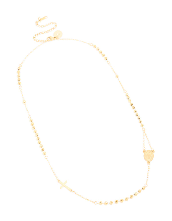 Beautifully designed rosary necklace featuring beaded chain and cross in a waterproof gold plated stainless steel in a dainty style front view
