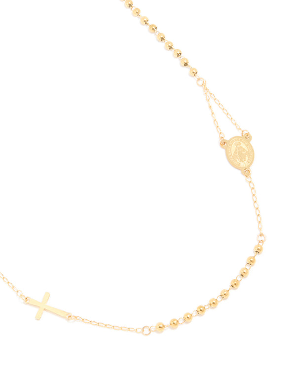 Stunning rosary necklace featuring with beaded chain and cross, crafted from waterproof stainless steel in gold plated finish in a dainty style close up view