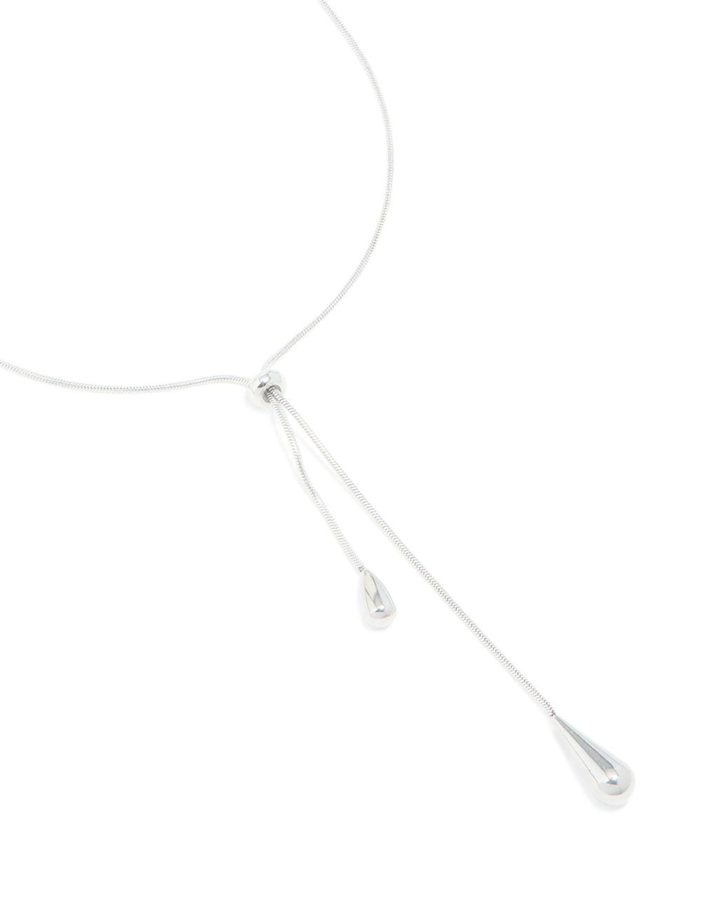 Showcasing a waterproof stainless steel pull through lariat necklace in silver with dainty style close up view