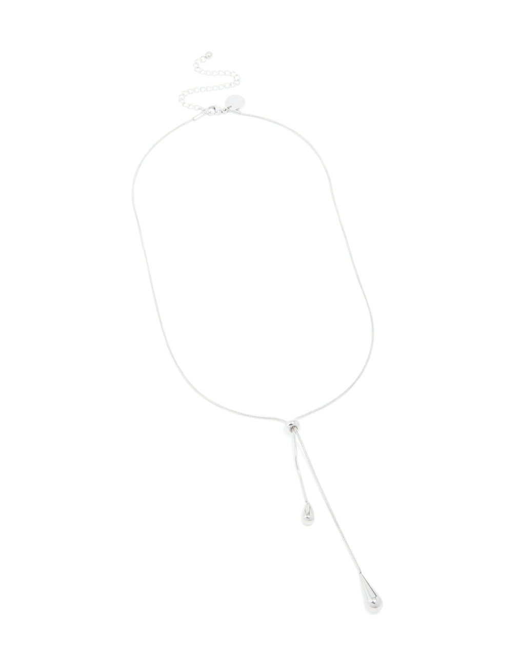Discover this waterproof stainless steel pull through lariat necklace in silver featuring statement design front view