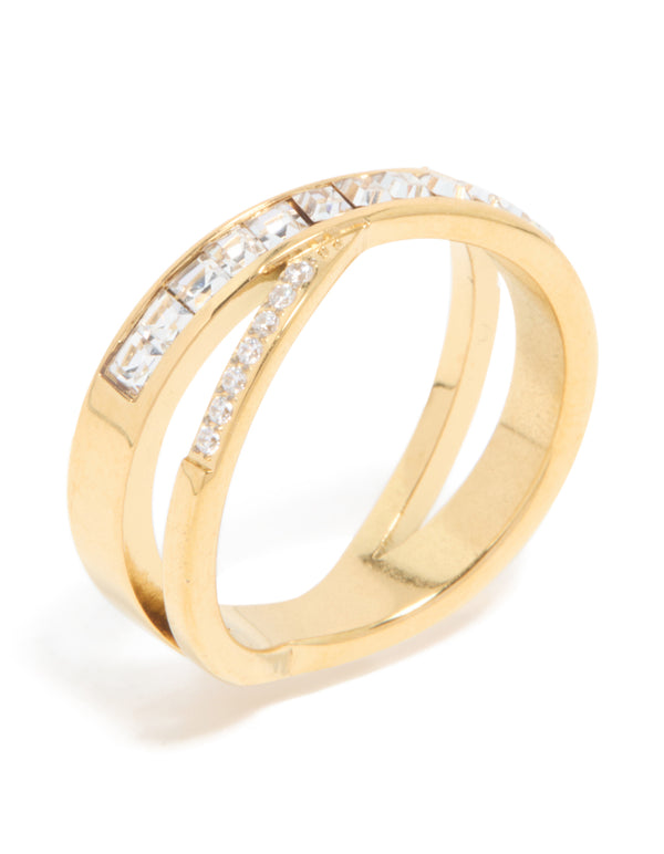 Showcasing a waterproof diamante crossover ring in gold plated stainless steel with clear accents side detail view