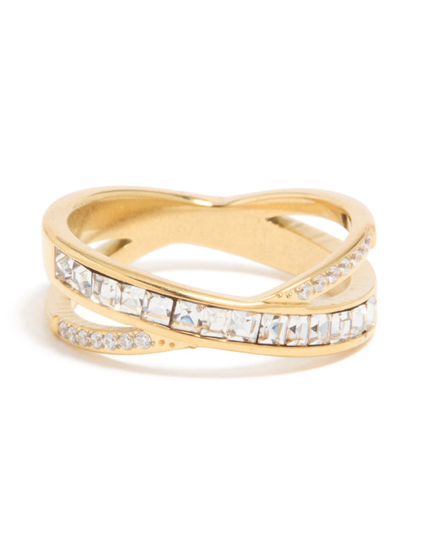 Featuring a waterproof diamante crossover ring in gold plated stainless steel with clear accents close up view