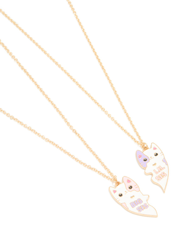 Kids Gold Pink & Purple Hugging Cat Big Sis Little Sis Necklaces Pack