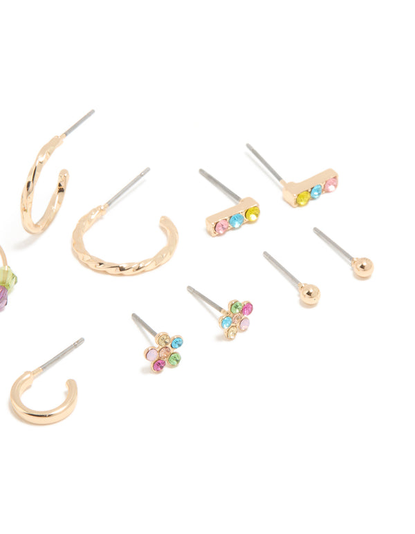 Beautiful gold multicoloured diamante stud and hoop earrings 7-pack showcasing bar and beads details in pink, aqua, and yellow detail view
