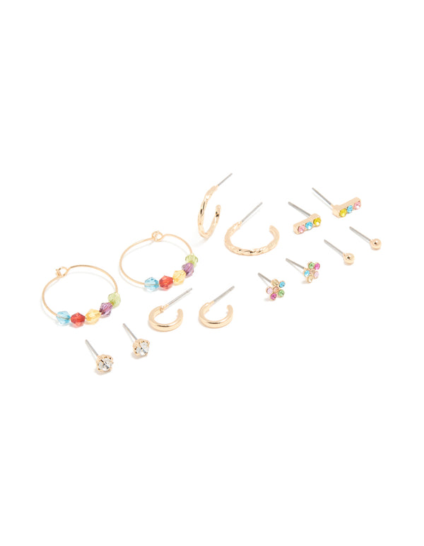 Exquisite gold multicoloured diamante stud and hoop earrings 7-pack featuring bar and beads design in pink, aqua, and yellow front view