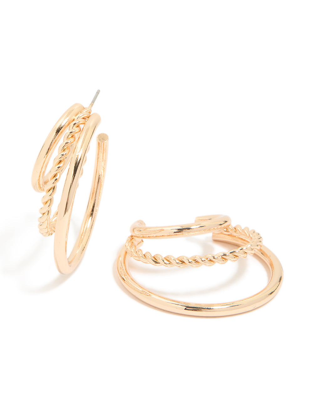 Gold Triple Prong Twist Hoop Earrings