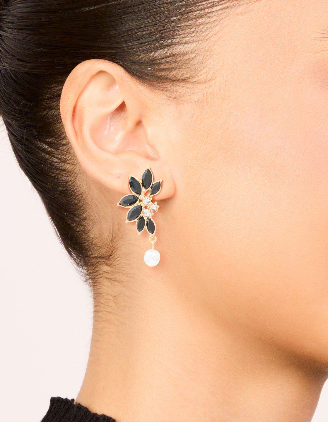 Gold Black Diamante Pearl Marquise Stud Earrings