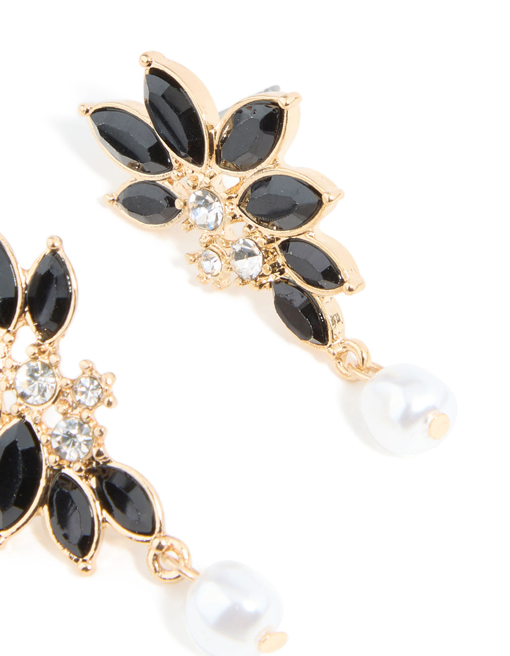 Gold Black Diamante Pearl Marquise Stud Earrings