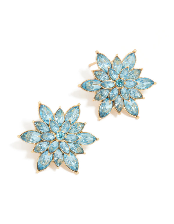 Gold Blue Diamante Marquise Flower Stud Earrings