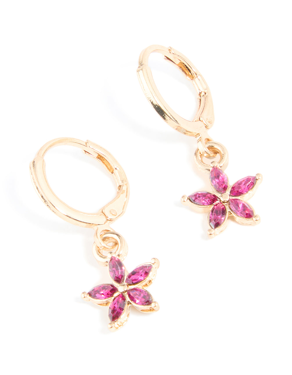 Gold Red Diamante Flower Huggie Earrings