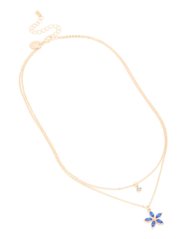 Gold Clear & Blue Diamante Flower Layered Necklace