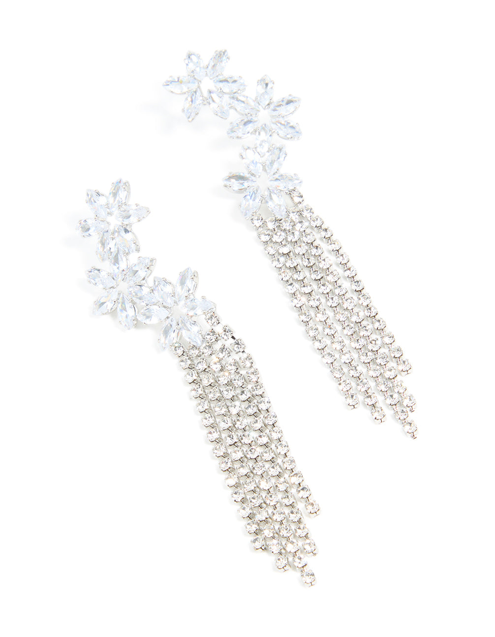 Silver Cubic Zirconia Flower Cupchain Drop Earrings