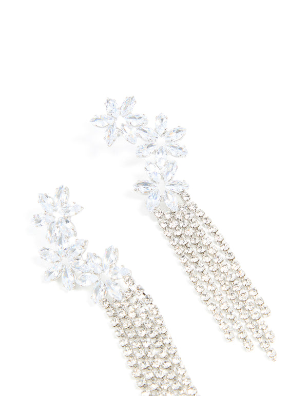 Silver Cubic Zirconia Flower Cupchain Drop Earrings