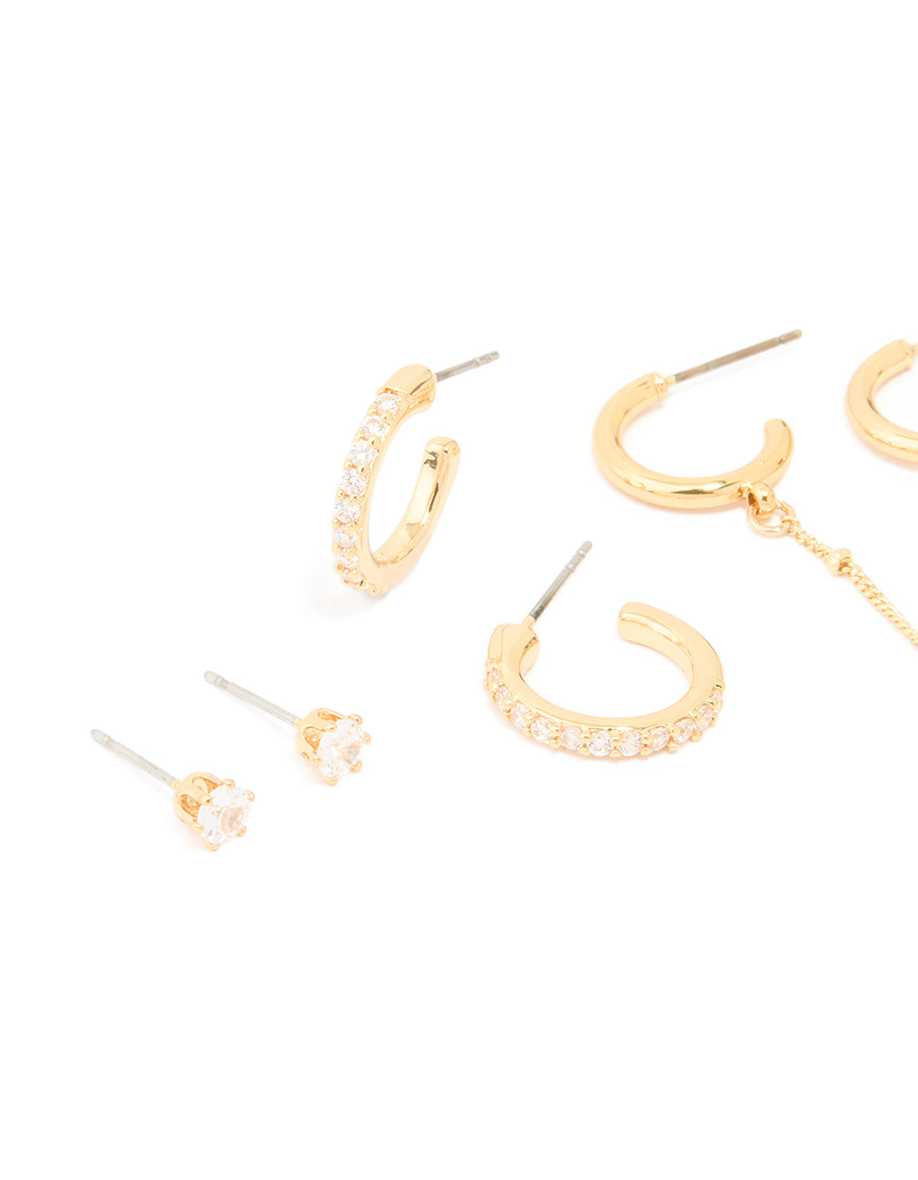 Showcasing gold plated brass hoop earrings with cubic zirconia stones and chain accents in a 3-pack close up view