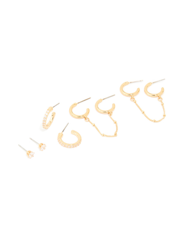 Crafted from gold plated brass, this cubic zirconia hoop and chain earrings 3-pack features with clear stones front view