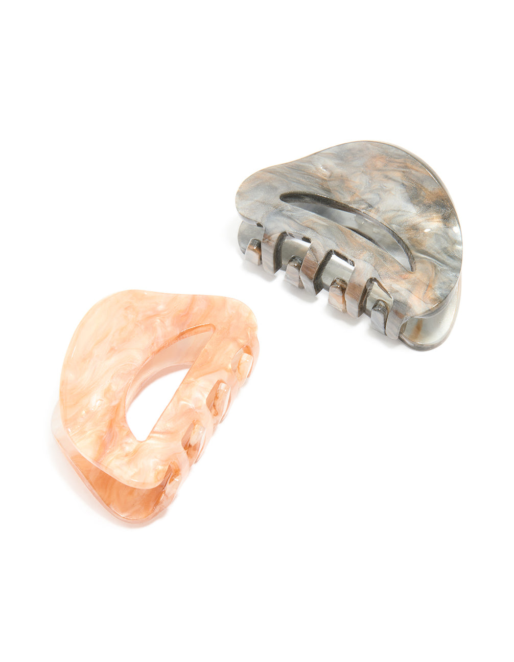 Featuring marbled acrylic curved mini claw clips in 2-pack with peachpuff, tan, and dim grey accessories front view