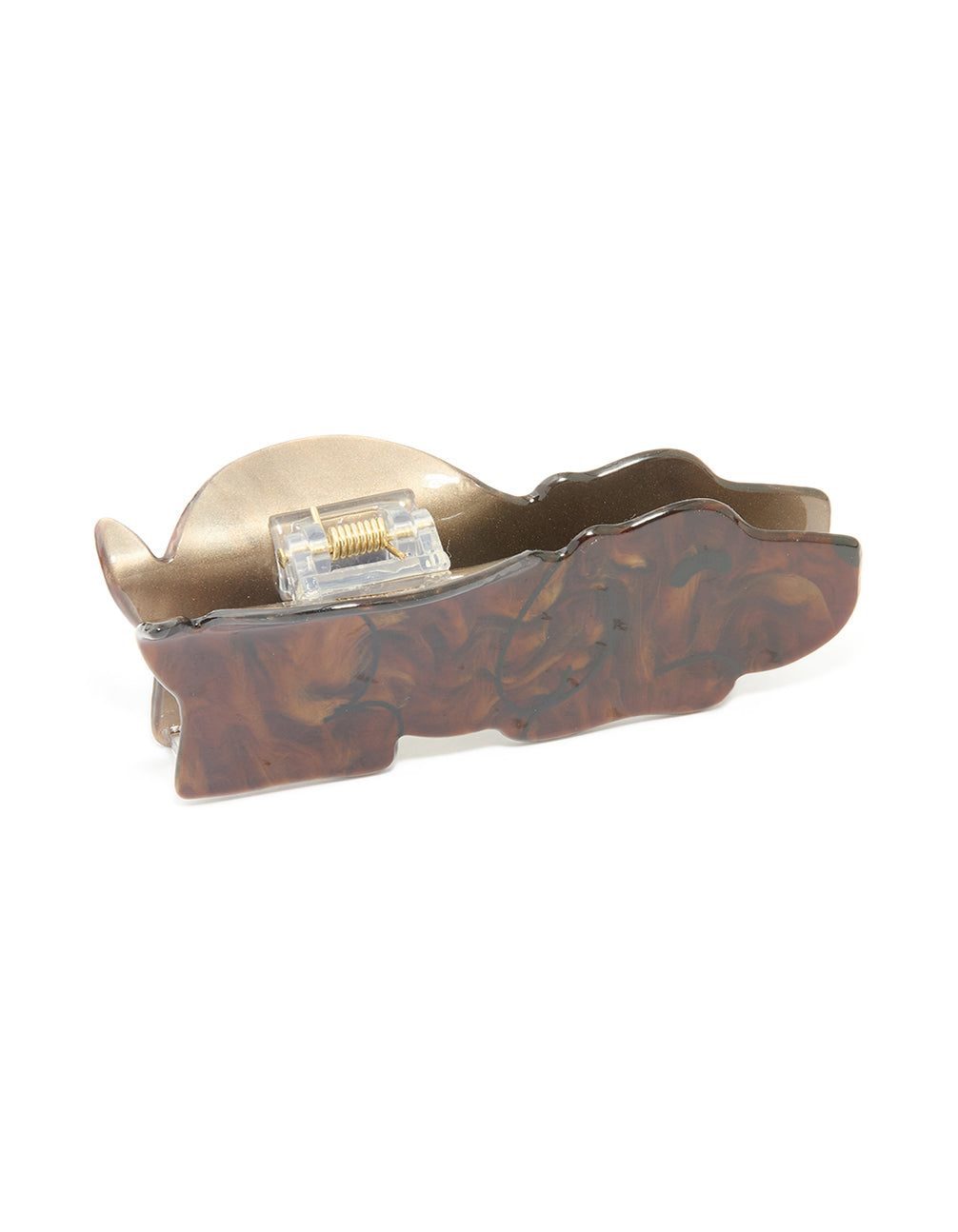 This dog-shaped acrylic claw clip showcases solid brown and saddle tones with gold hardware side view