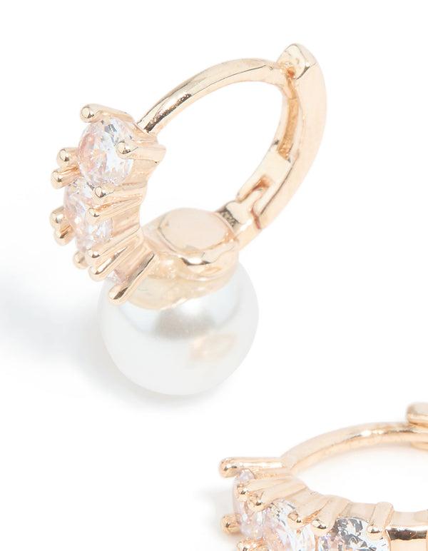 Rose Gold Plated Cubic Zirconia Pearl Drop Huggie Earrings