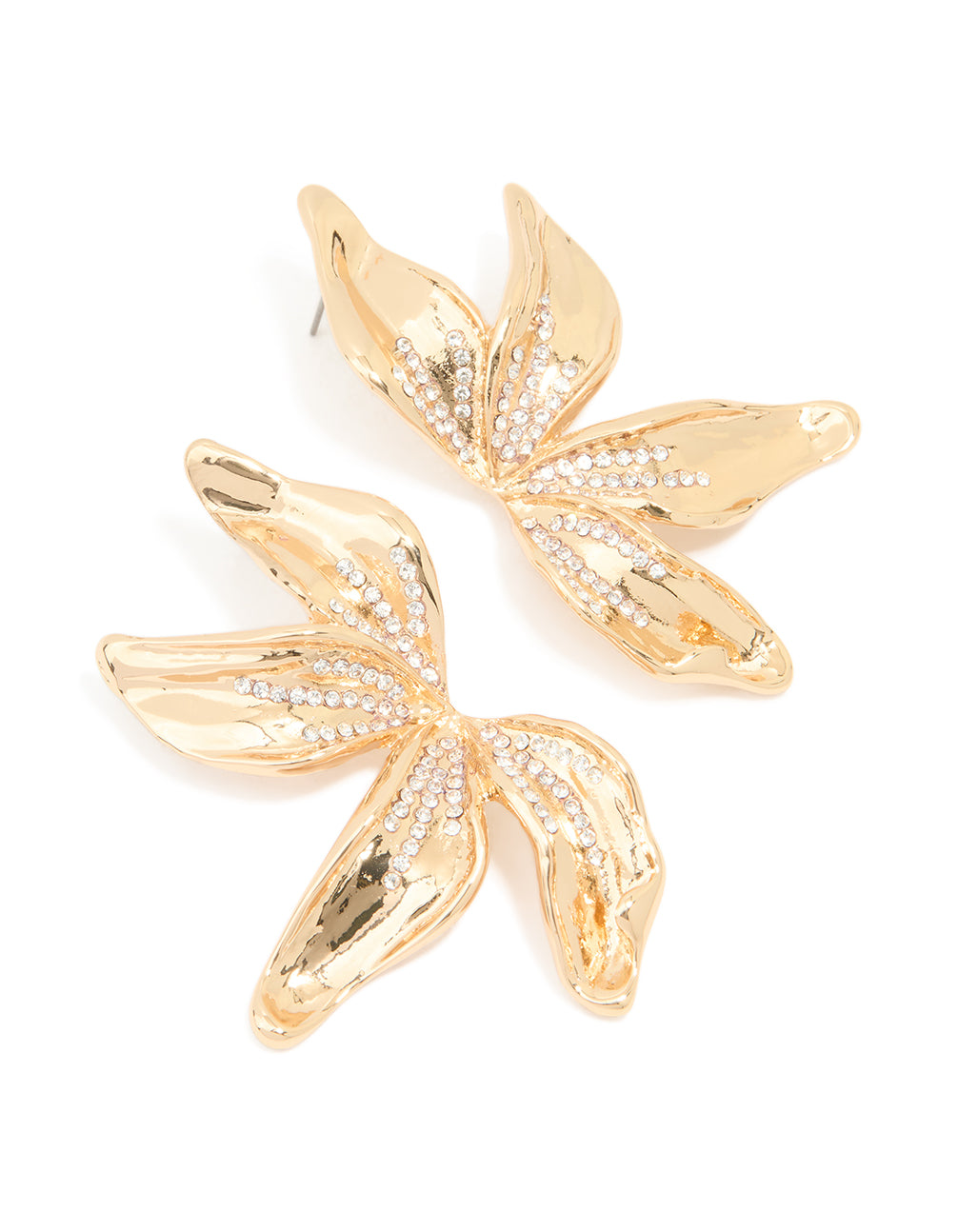 Gold Diamante Big Petal Floral Stud Earrings