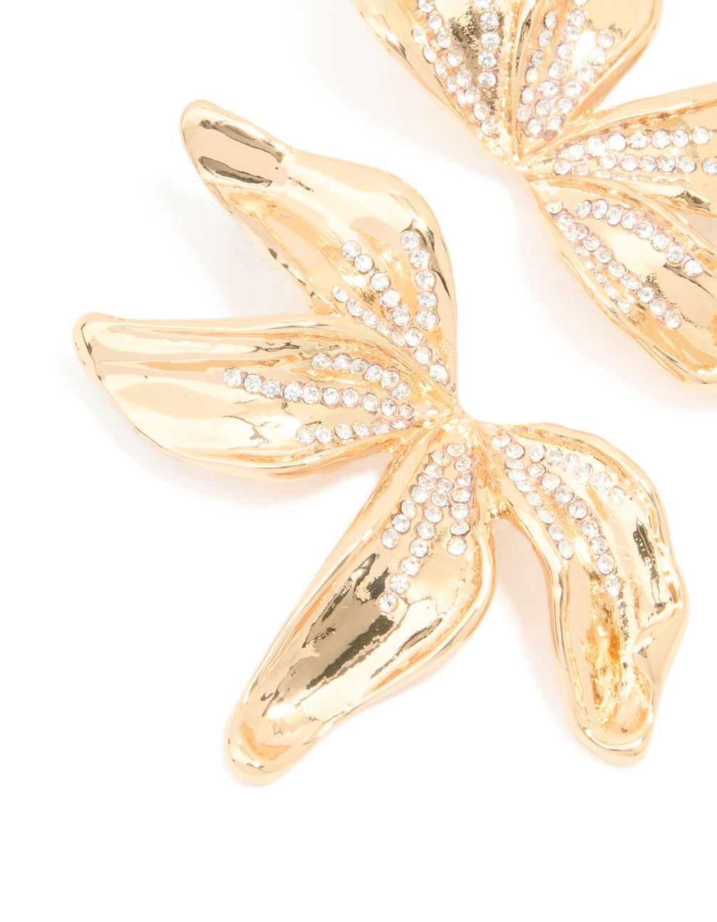 Gold Diamante Big Petal Floral Stud Earrings