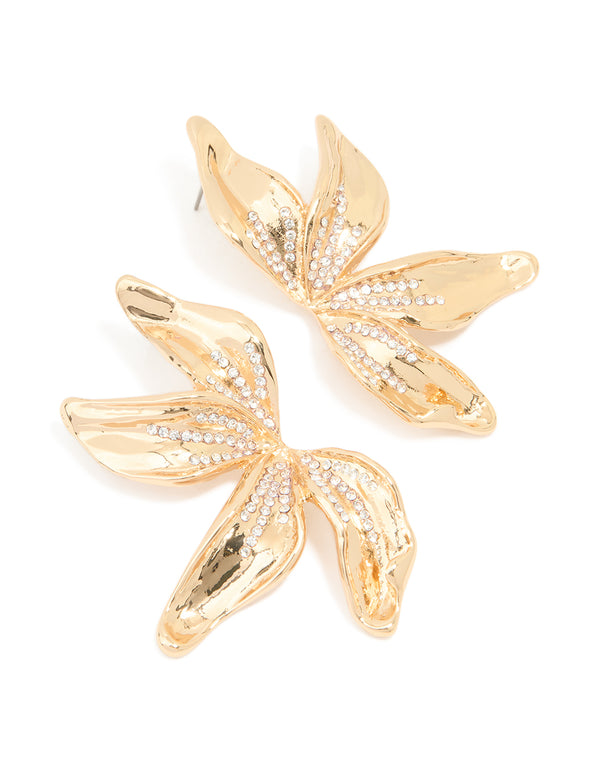 Gold Diamante Big Petal Floral Stud Earrings