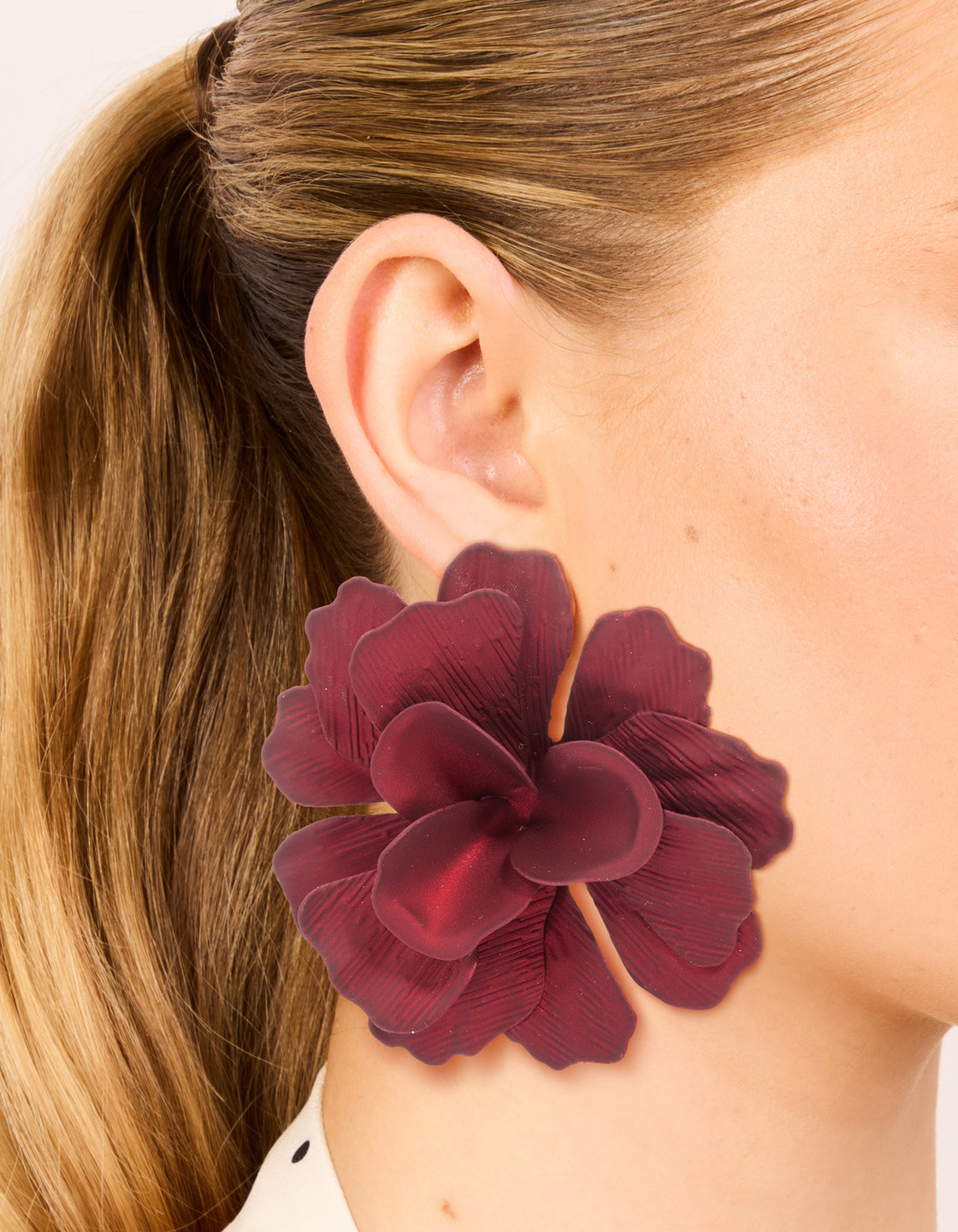 Red Coated Metal Textured Flower Large Stud Earrings