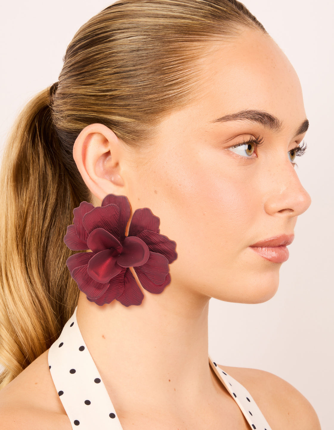 Red Coated Metal Textured Flower Large Stud Earrings