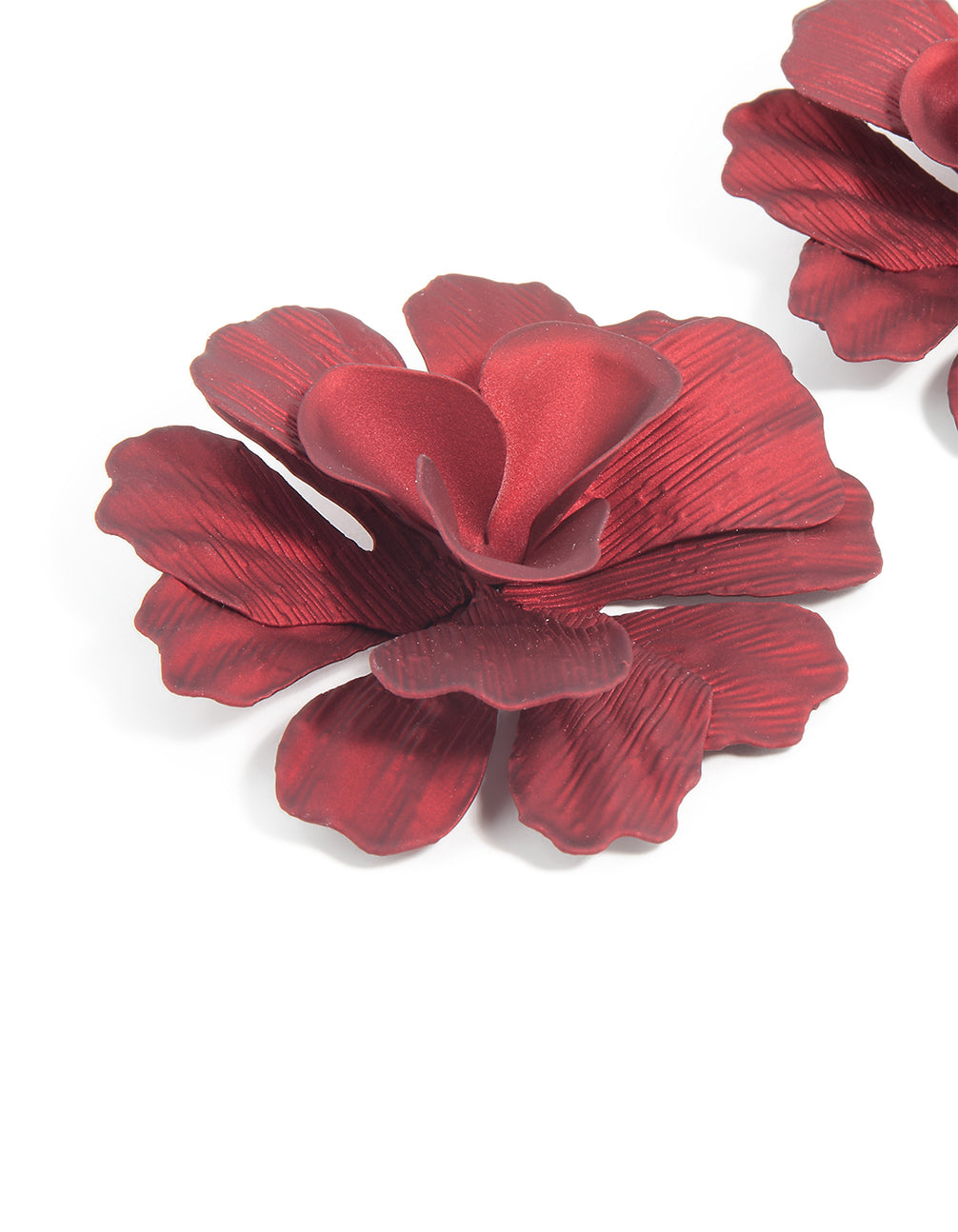 Red Coated Metal Textured Flower Large Stud Earrings