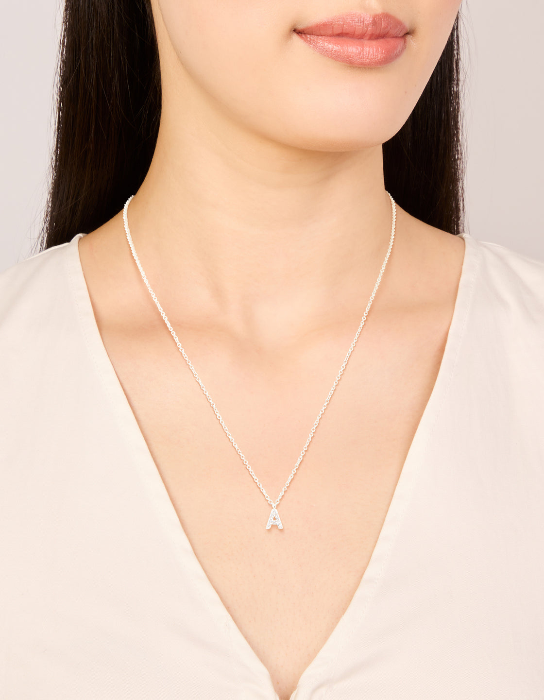 Silver Plated Brass Cubic Zirconia Letter A Necklace