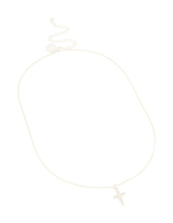 Silver Plated Cubic Zirconia Cross Pendant Necklace