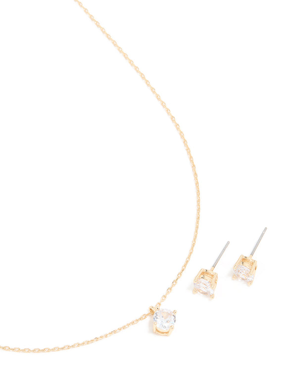 Gold Cubic Zirconia Round Pendant Necklace & Earrings Set