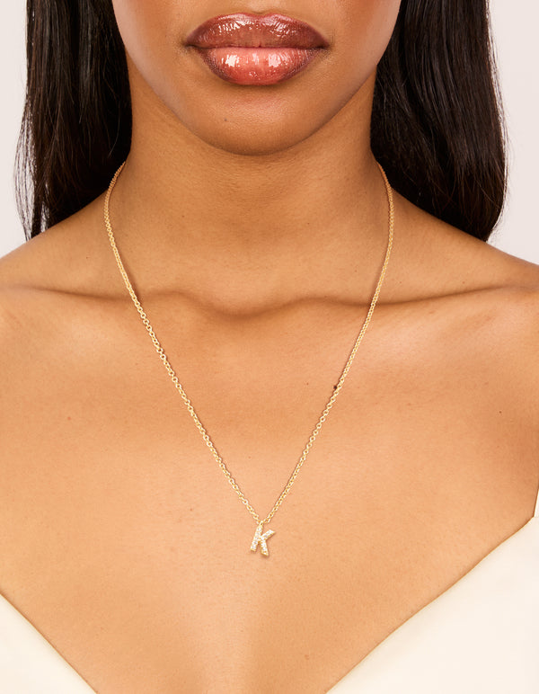 Gold Plated Brass Cubic Zirconia Letter K Necklace