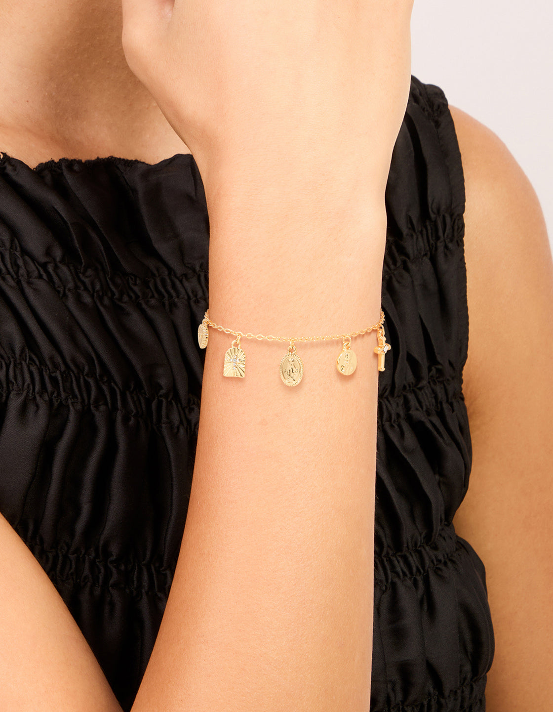 Gold Plated Oval Mary Cross Charm Bracelet