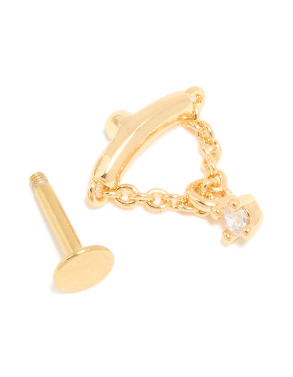 Gold Plated Surgical Steel Cubic Zirconia Chain Single Flat Back Stud