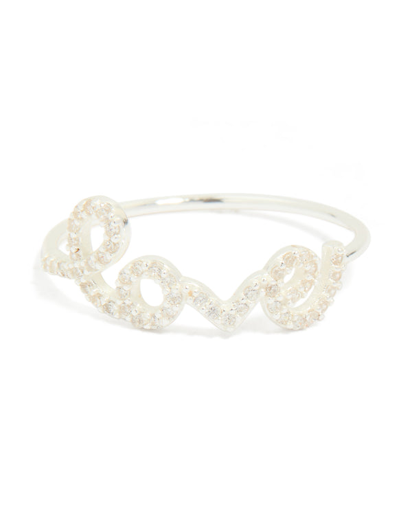 A sterling silver cubic zirconia love ring with script detailing and statement style in white side detail view