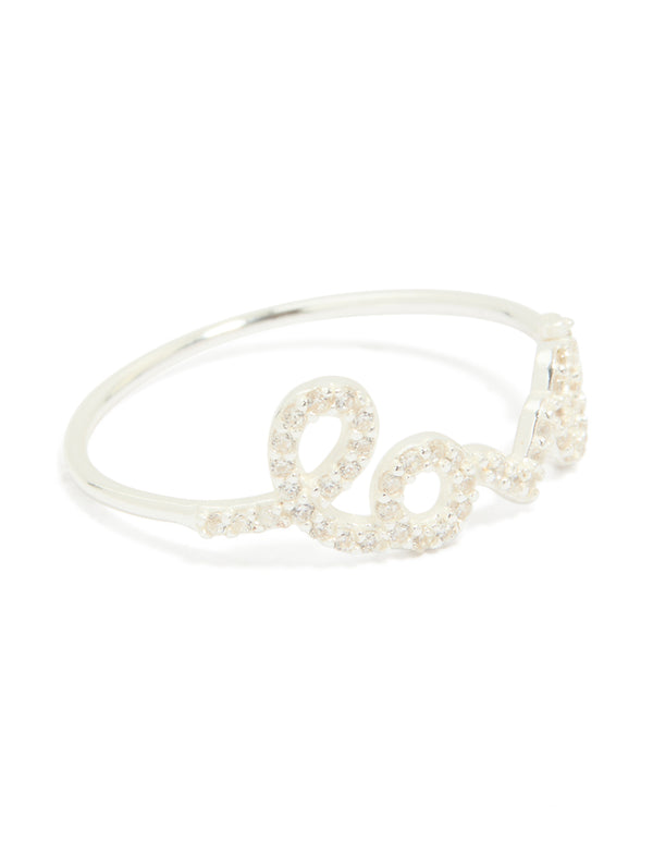 Featuring a sterling silver cubic zirconia love ring with script detailing and statement style in clear stone front view