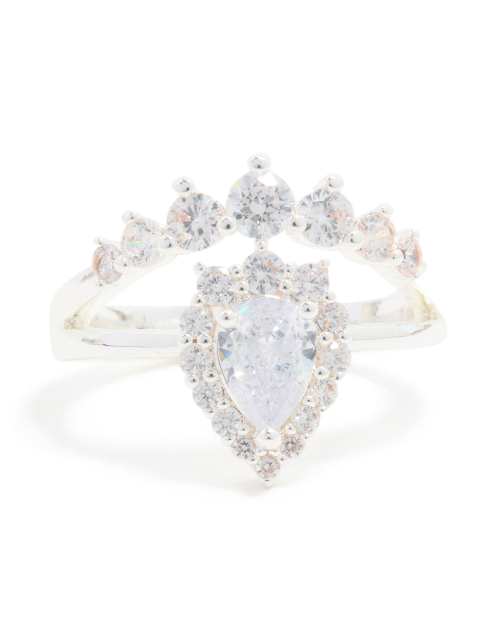 Silver Plated Cubic Zirconia Pear & Crown Layered Ring