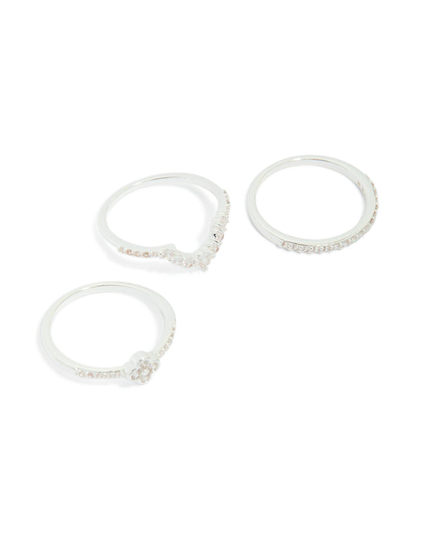 Showcasing silver plated cubic zirconia dainty flower and band stacking rings in a 3-pack front view